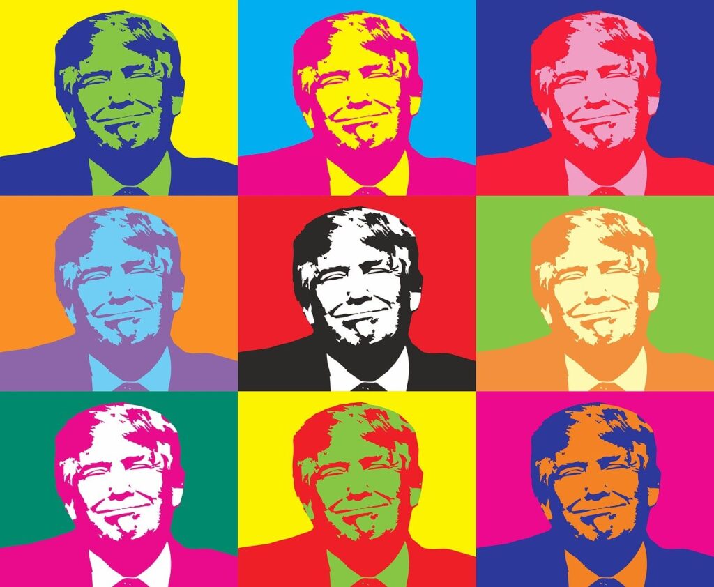 Un'immagine di Donald Trump ritratta come in un'opera di Andy Warhol, ripetuta su colori diversi (Immagine di Tibor Janosi Mozes da Pixabay)